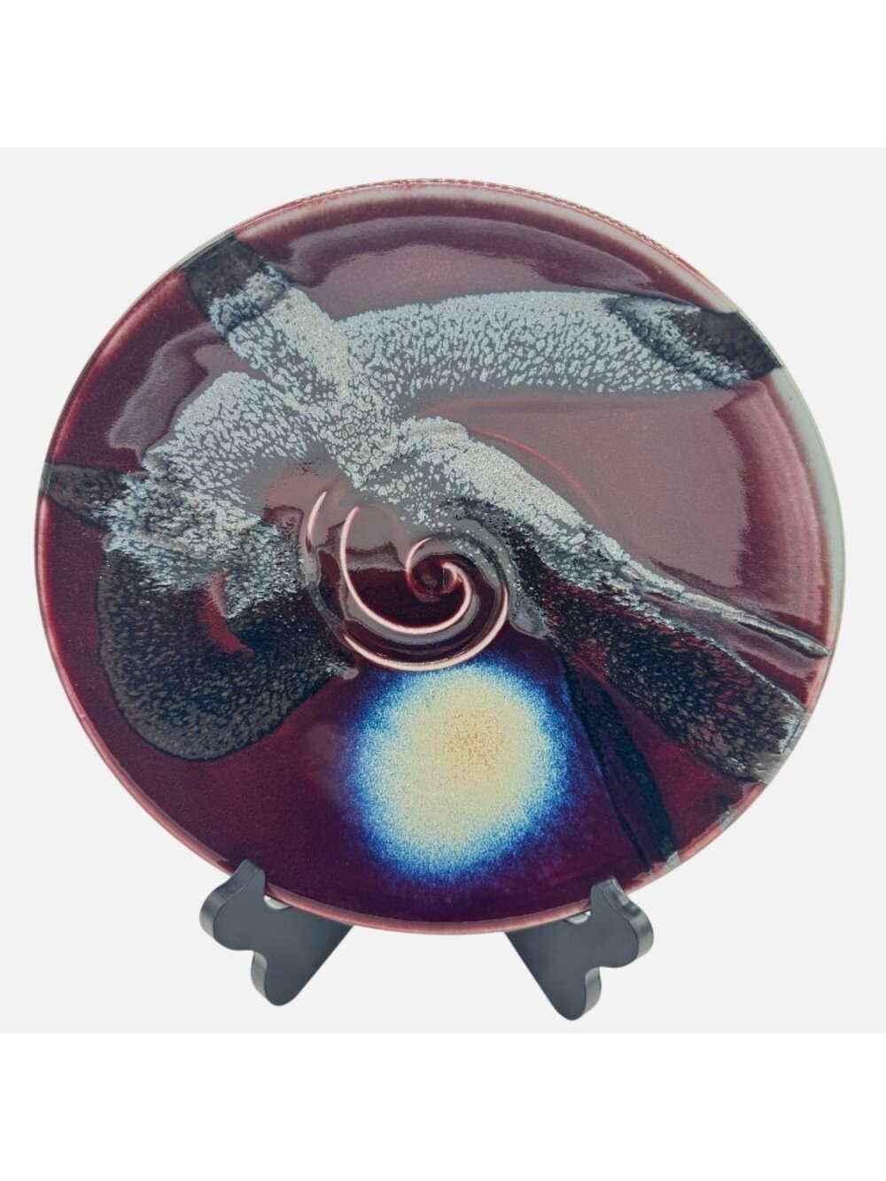 Matthew Patton Studio Pottery Bowl Abstract Swirl Blue Accents 10.25" D
